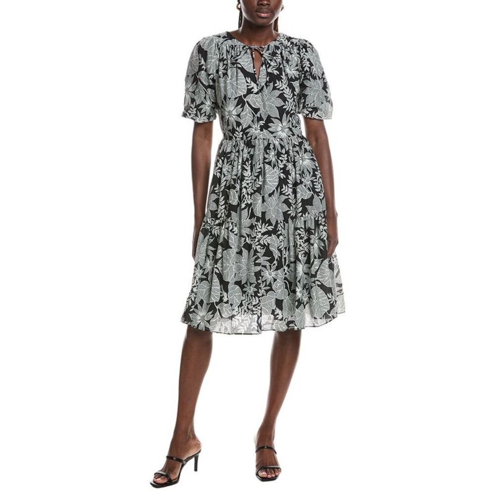 Brooks Brothers Womens Puff Sleeve Linen-Blend Midi Dress, Black